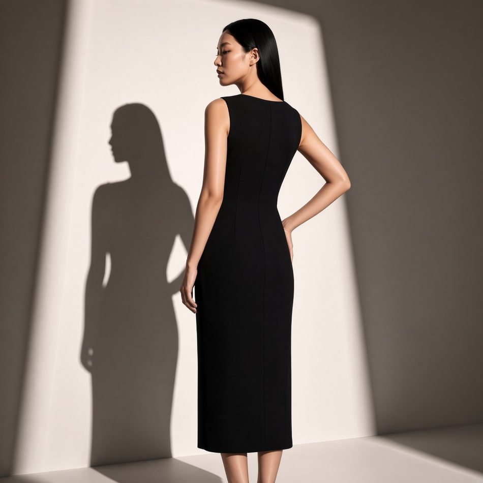 Ink, vestido preto, de costas